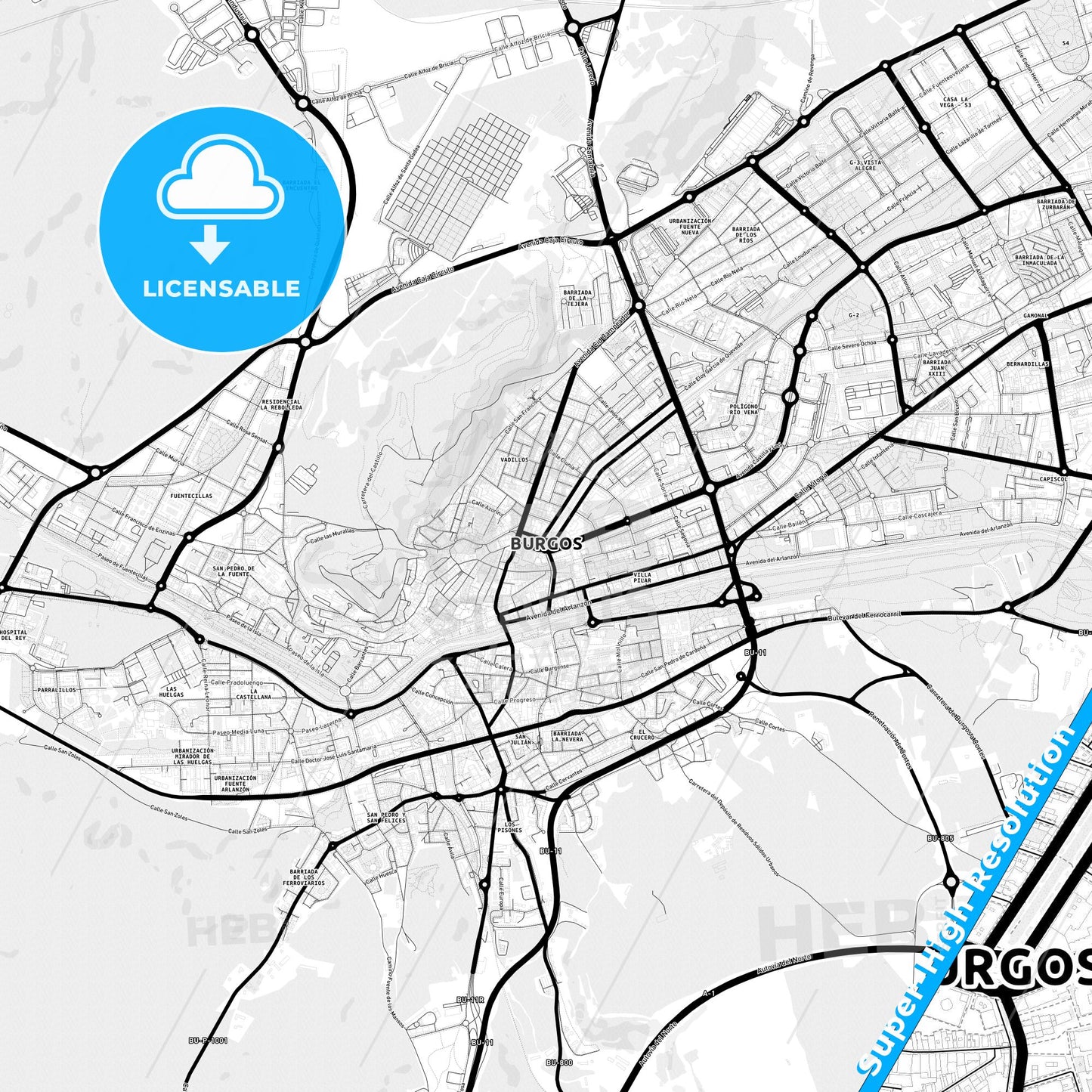 Burgos, Spain Light Map with Street Names, City Names, and Districts
