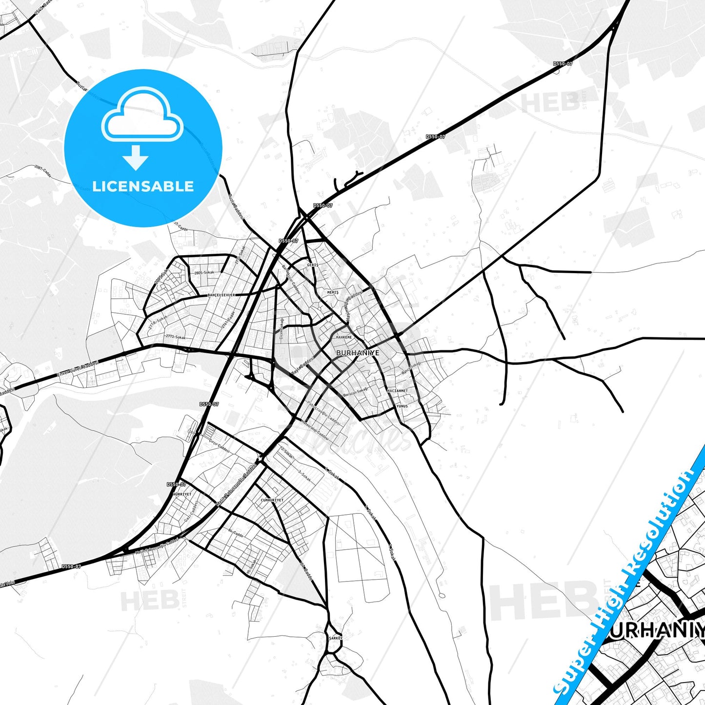 Burhaniye, Turkey Light Map with Street Names, City Names, and Districts
