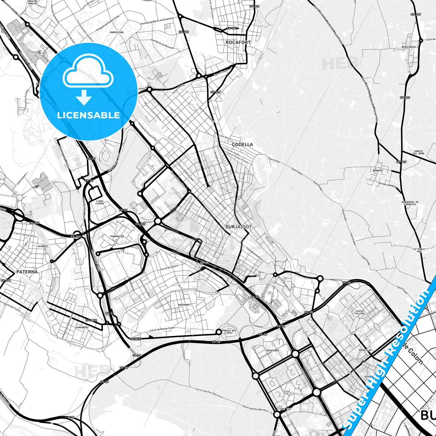 Burjassot, Spain Light Map with Street Names, City Names, and Districts