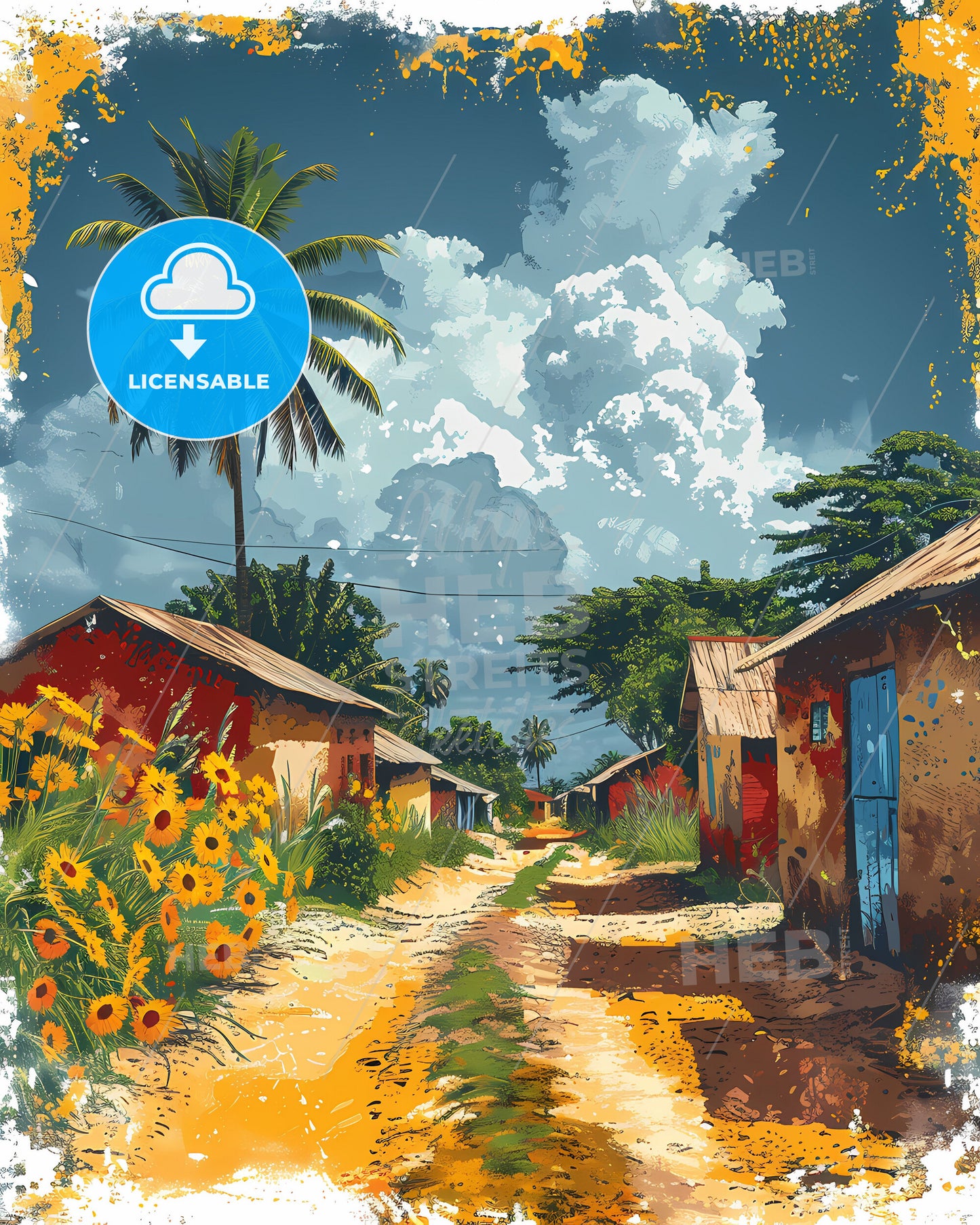 Vibrant African Art Scene: Colorful Road with Houses and Flowers in Burkina Faso