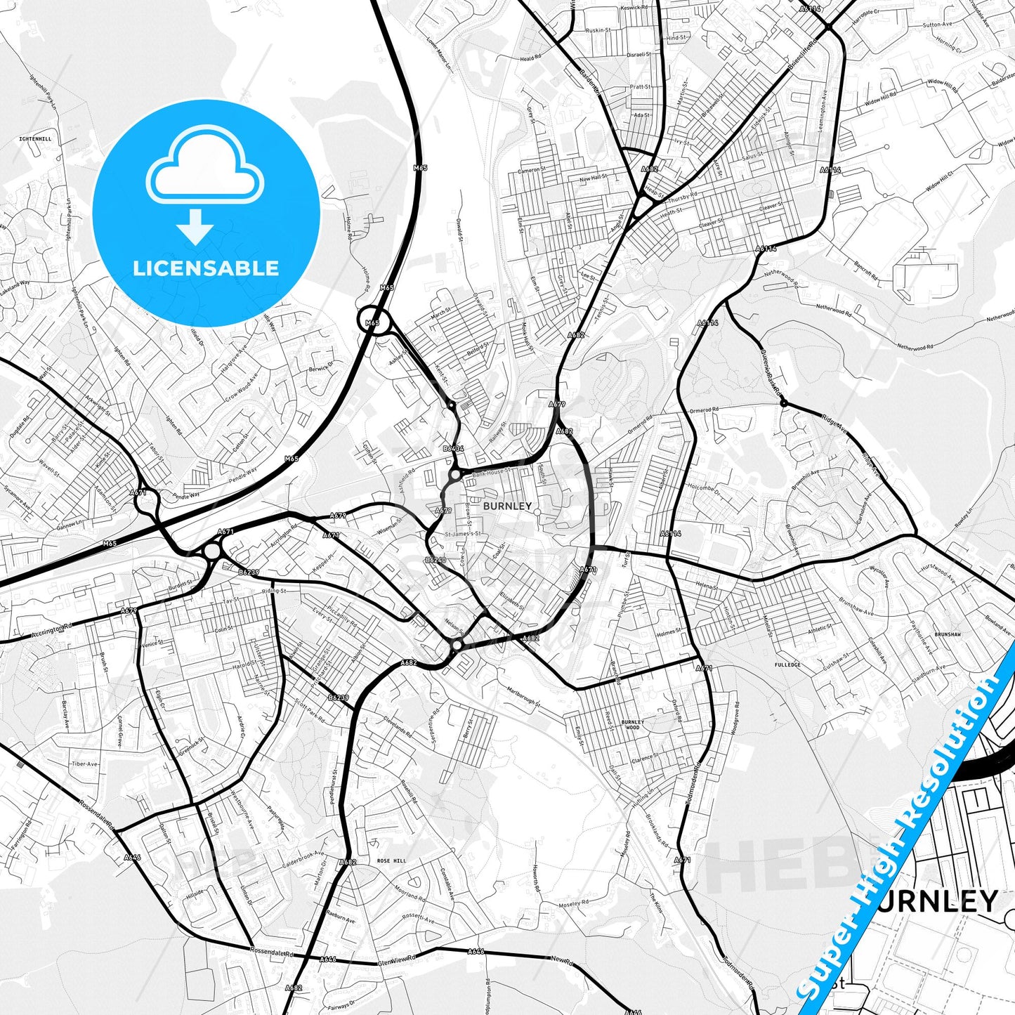 Burnley, England Light Map with Street Names, City Names, and Districts