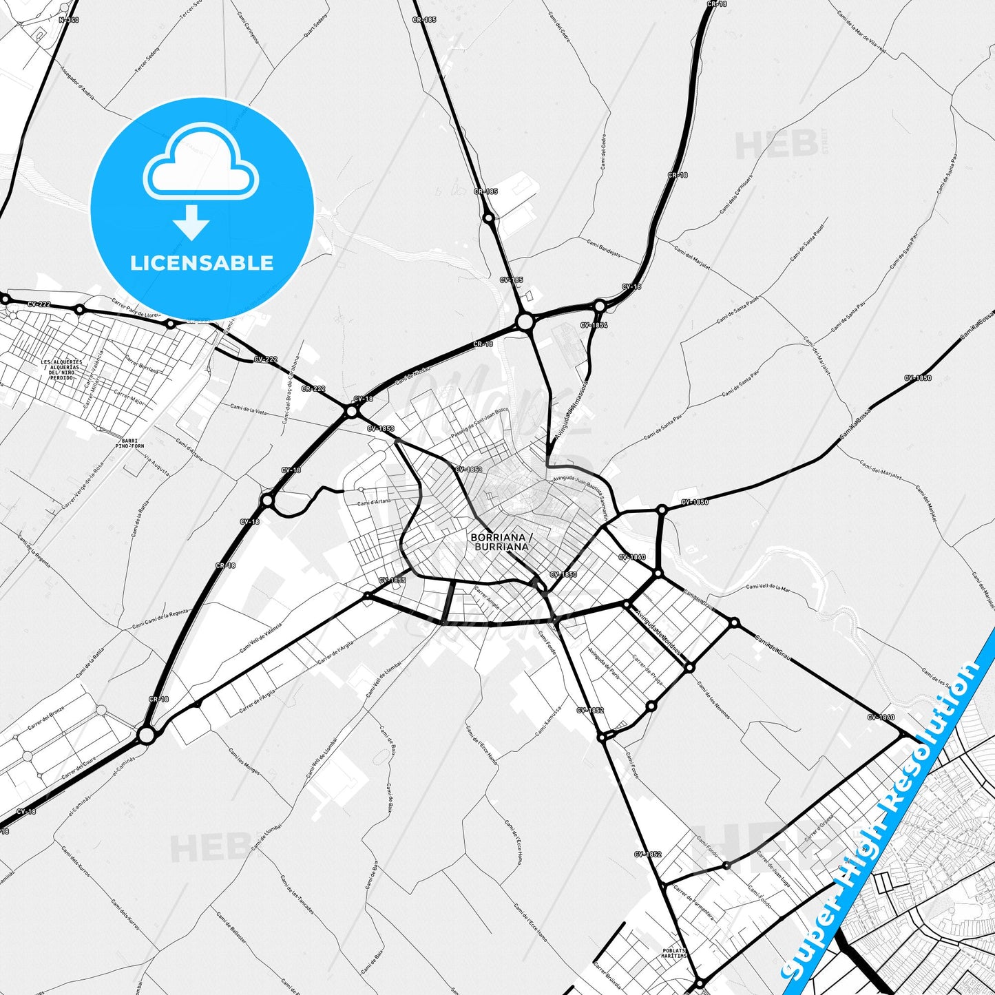 Burriana, Spain Light Map with Street Names, City Names, and Districts