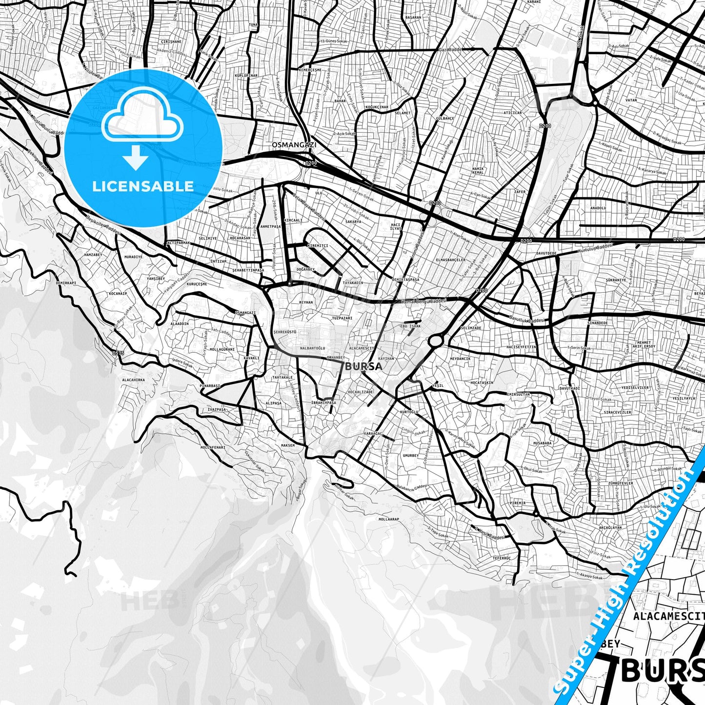 Bursa, Turkey Light Map with Street Names, City Names, and Districts