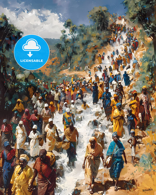 Vibrant Painting Depicting a Group Descending a Hillside in Burundi, Africa, Showcasing the Culture and Art of the Region