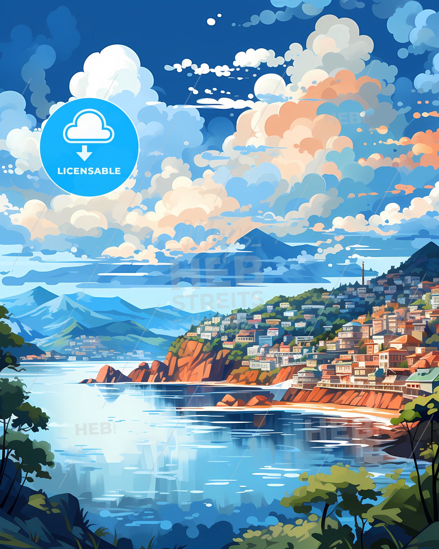 City Skyline Digital Art Painting of Busan South Korea Modern Cityscape Artwork