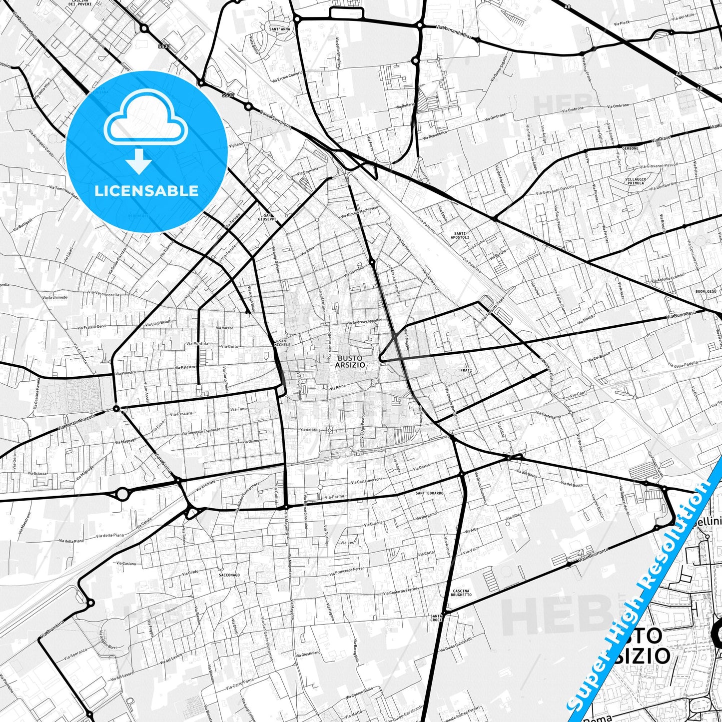 Busto Arsizio, Italy Light Map with Street Names, City Names, and Districts