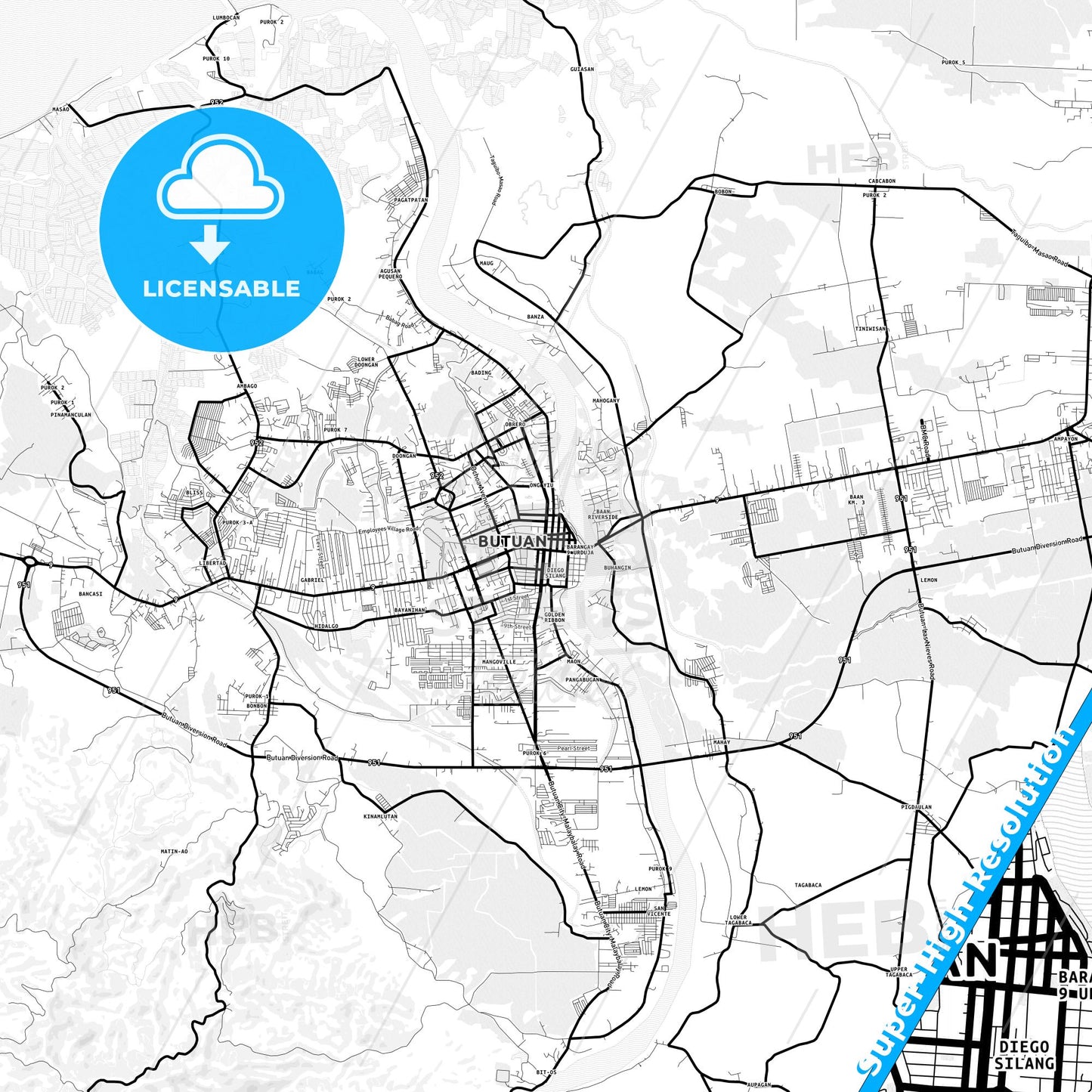 Butuan, Philippines Light Map with Street Names, City Names, and Districts