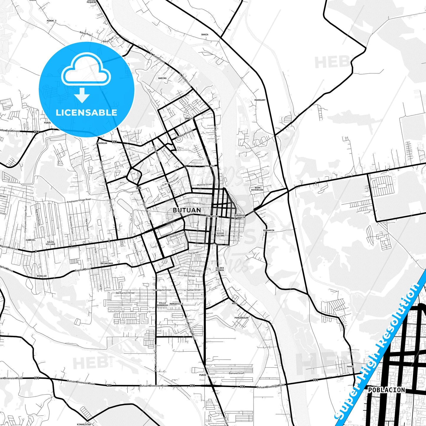 Butuan, Philippines Light Map with Street Names, City Names, and Districts