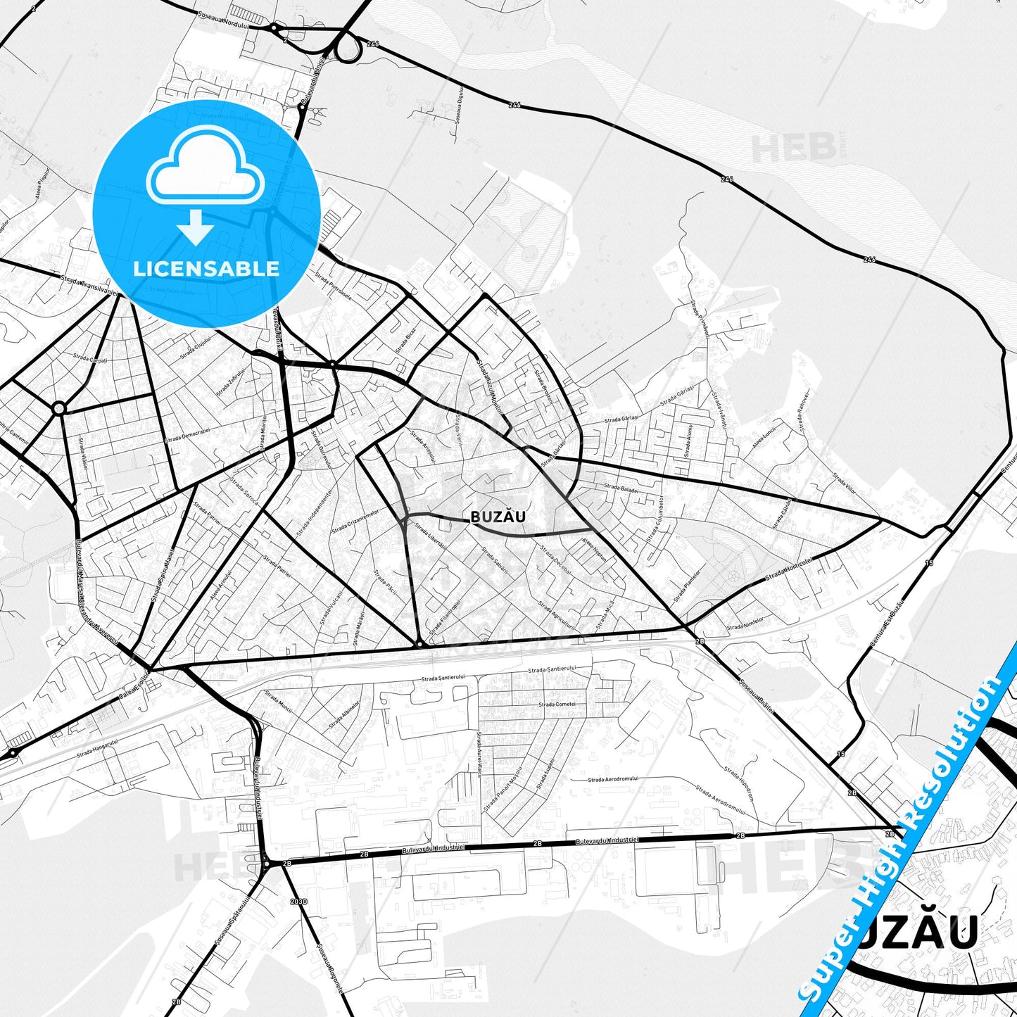 Buzău, Romania Light Map with Street Names, City Names, and Districts