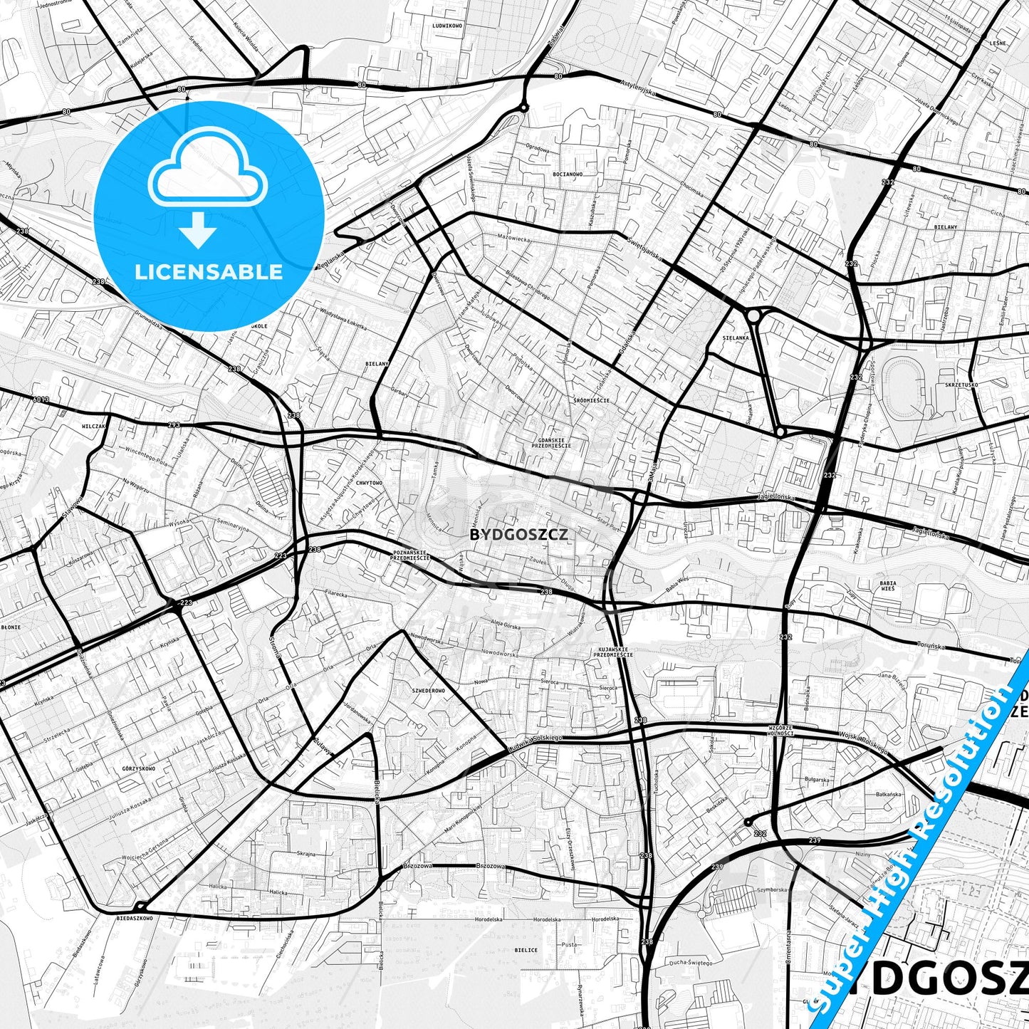 Bydgoszcz, Poland Light Map with Street Names, City Names, and Districts