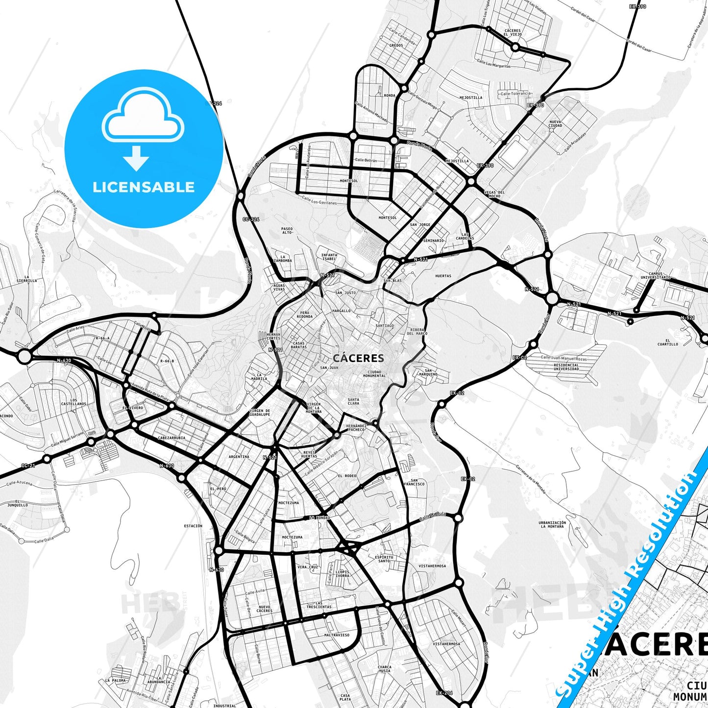 Cáceres, Spain Light Map with Street Names, City Names, and Districts