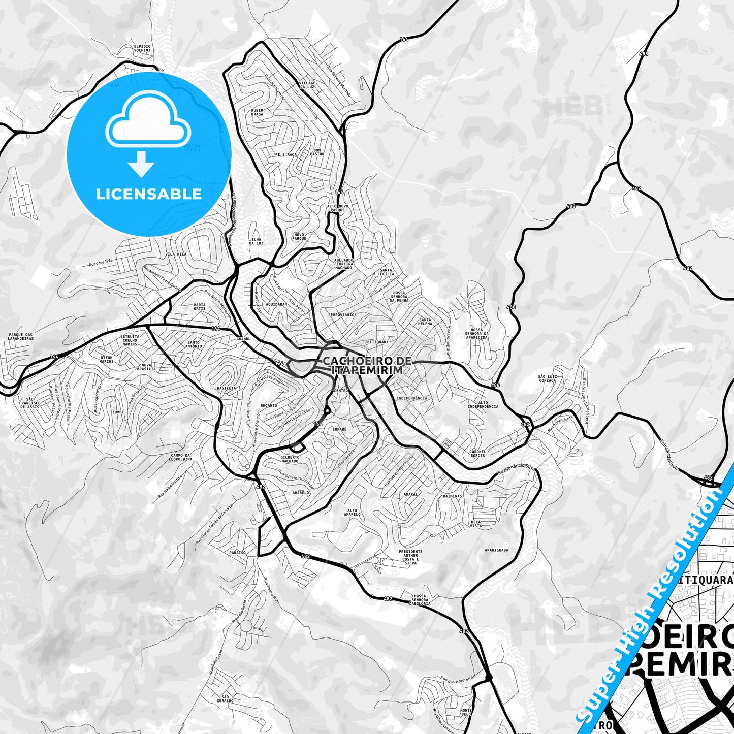 Cachoeiro de Itapemirim, Brazil Light Map with Street Names, City Names, and Districts