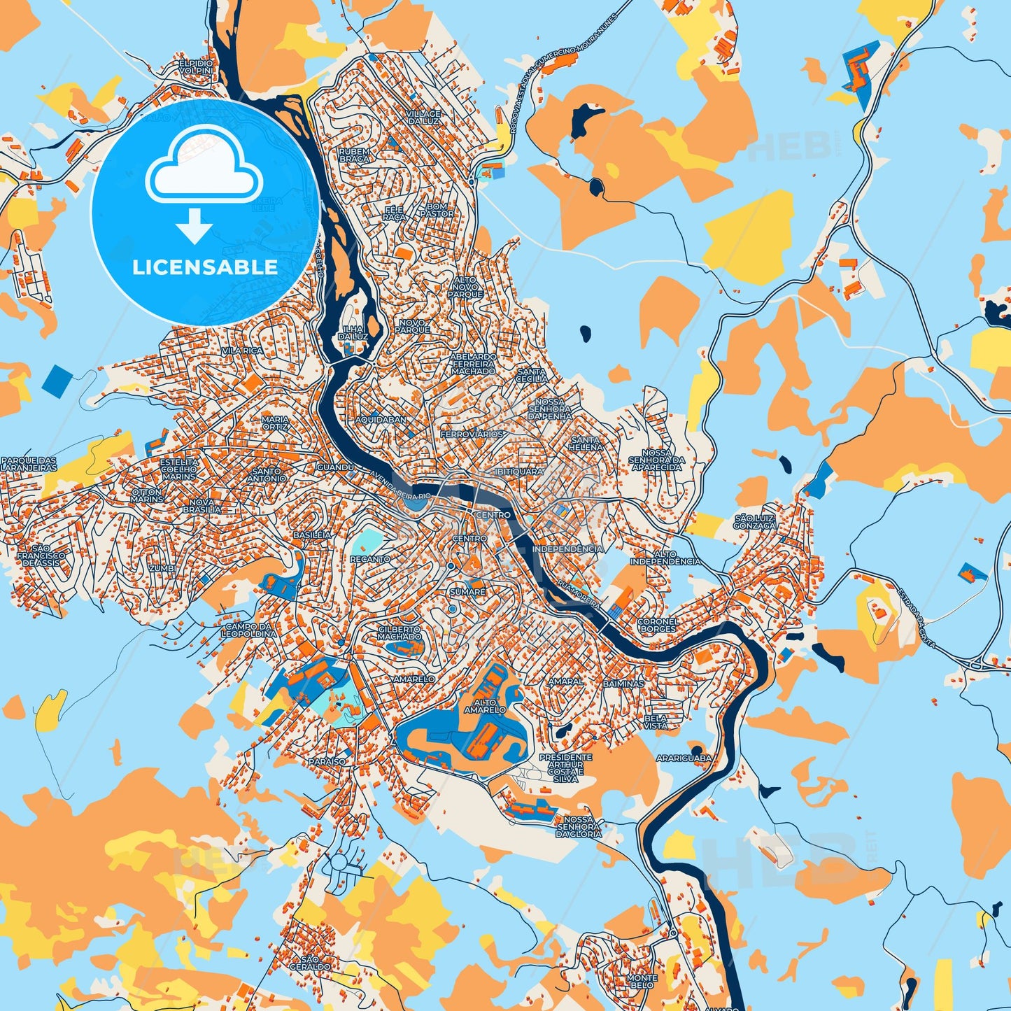 Colorful Cachoeiro de Itapemirim Street Map with Labels and Buildings