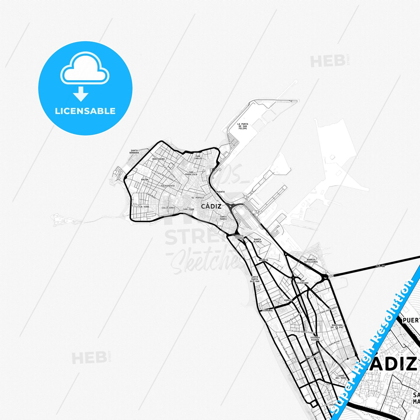 Cadiz, Spain Light Map with Street Names, City Names, and Districts