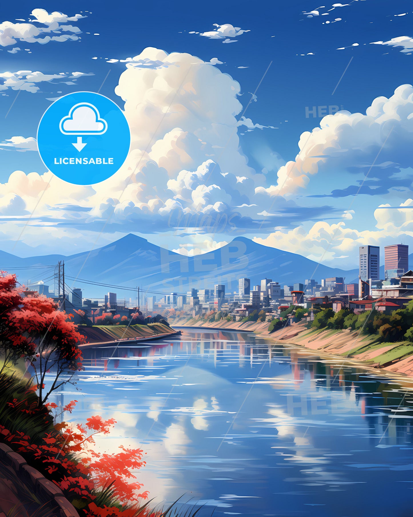 Vibrant Cagayan de Oro Skyline Painting: City, River, Mountains, Philippines