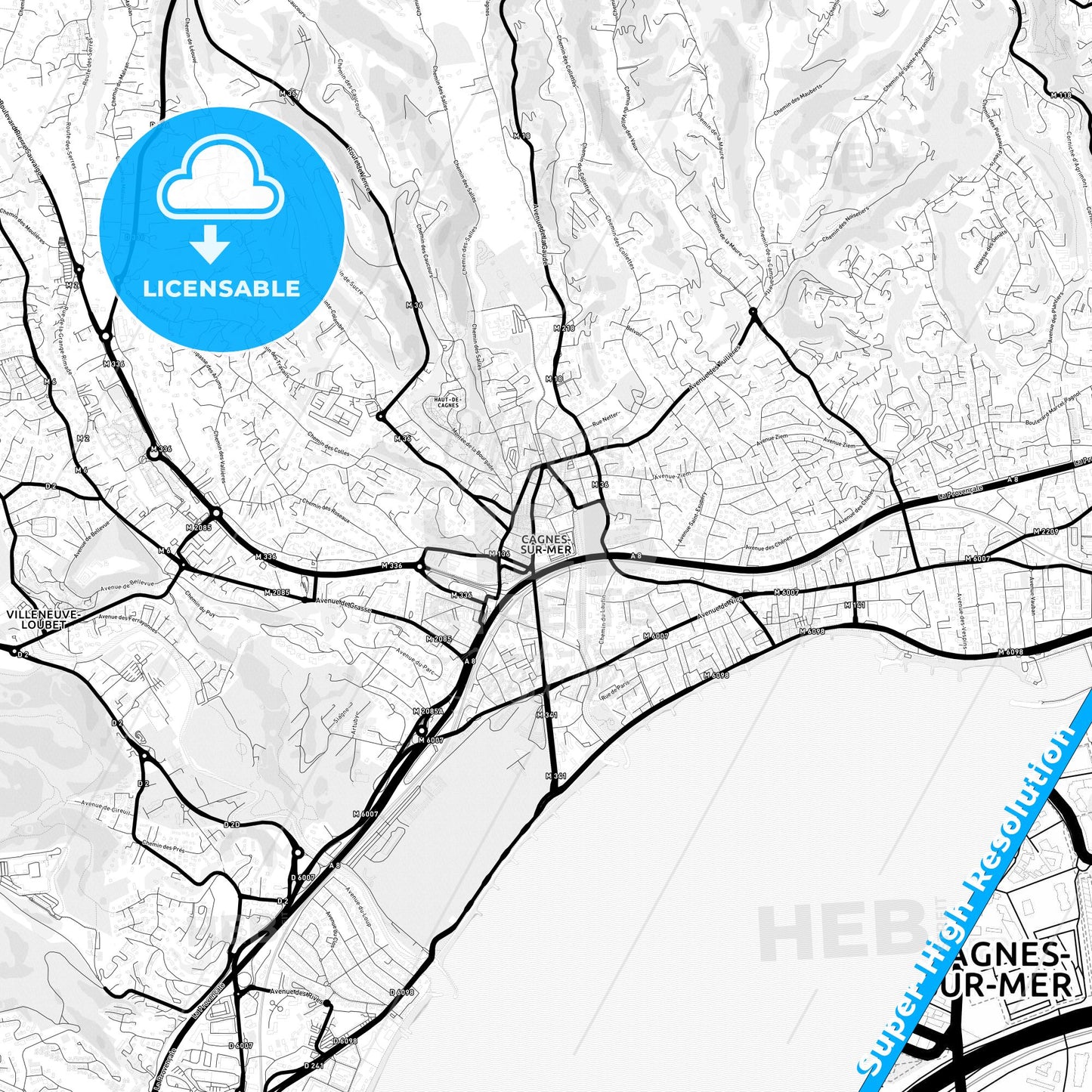 Cagnes-sur-Mer, France Light Map with Street Names, City Names, and Districts