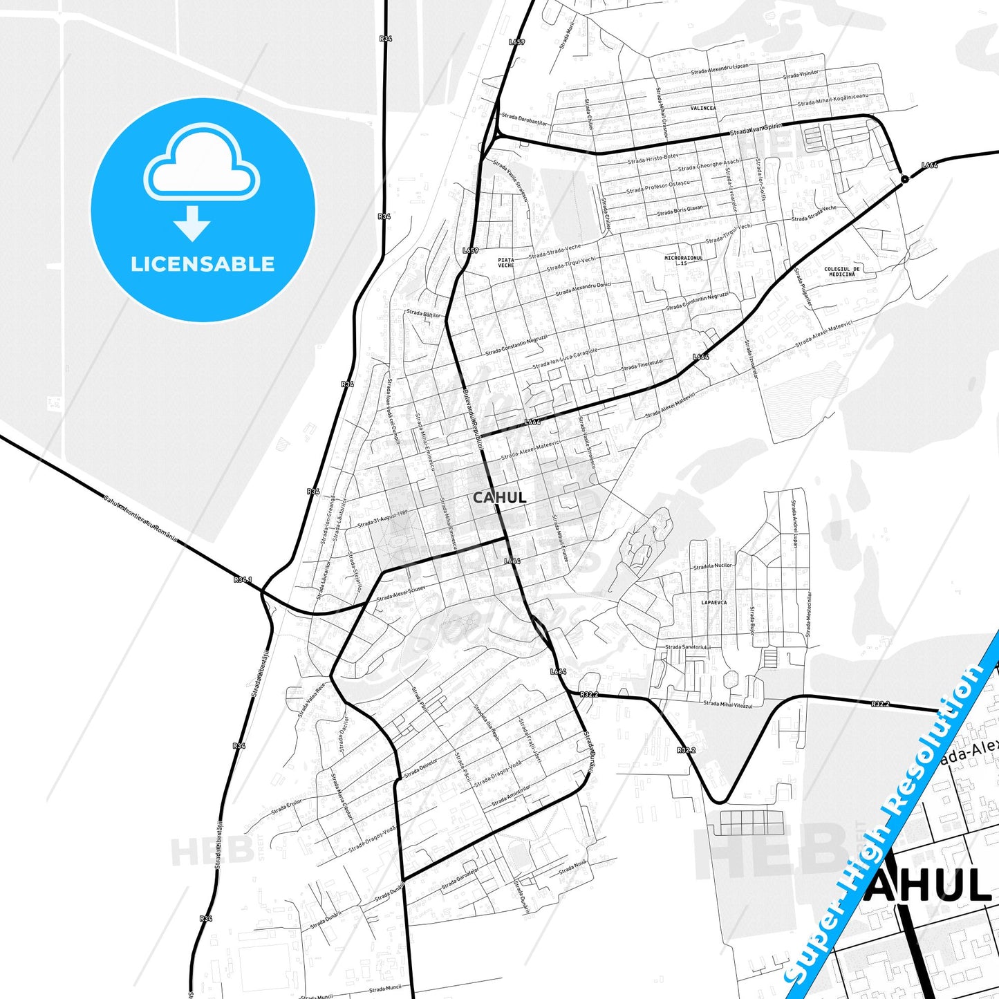 Cahul, Moldova Light Map with Street Names, City Names, and Districts