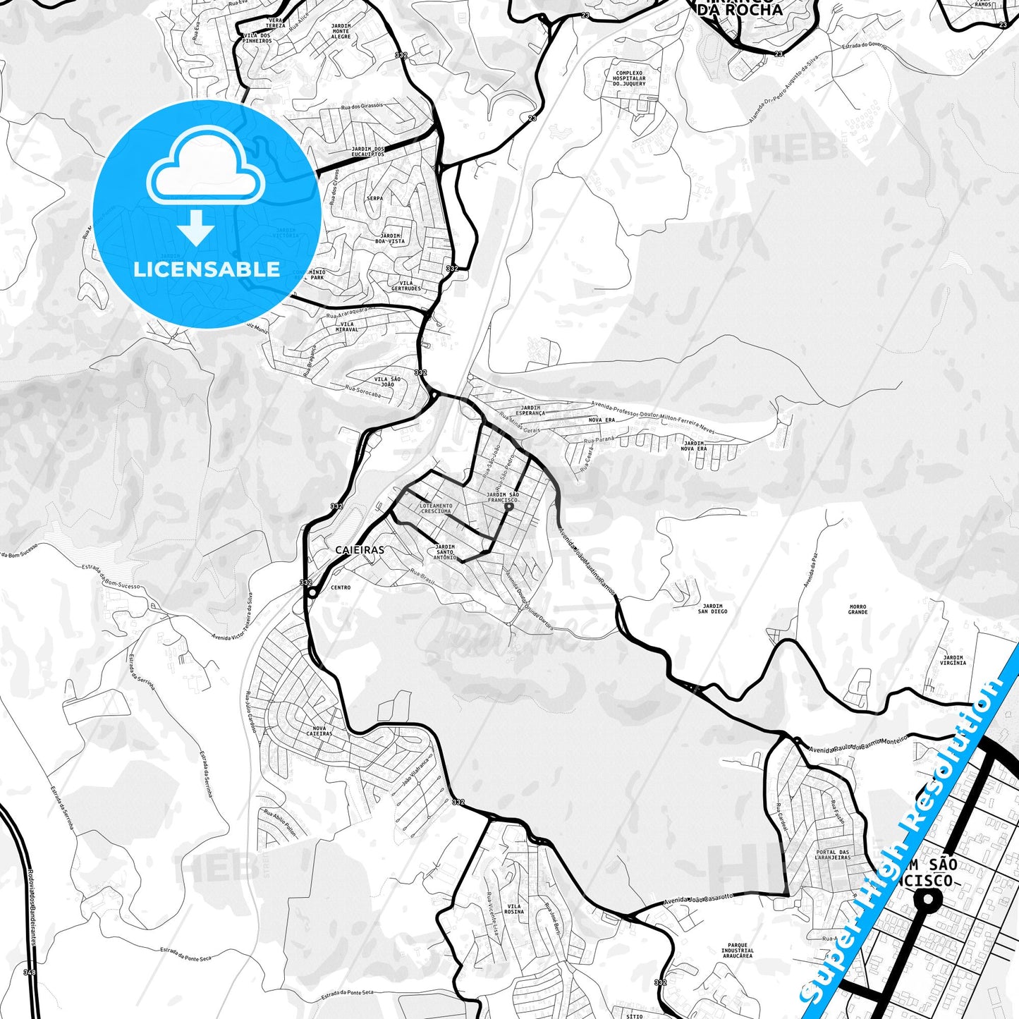 Caieiras, Brazil Light Map with Street Names, City Names, and Districts