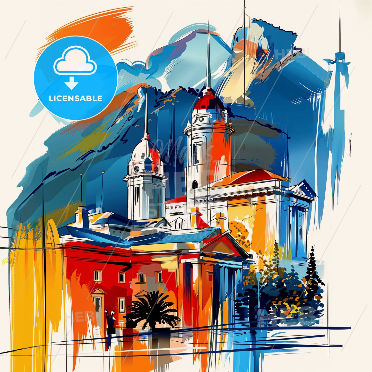 Vibrant Cairns, Australia - A Painting Of A Building With A Mountain In The Background