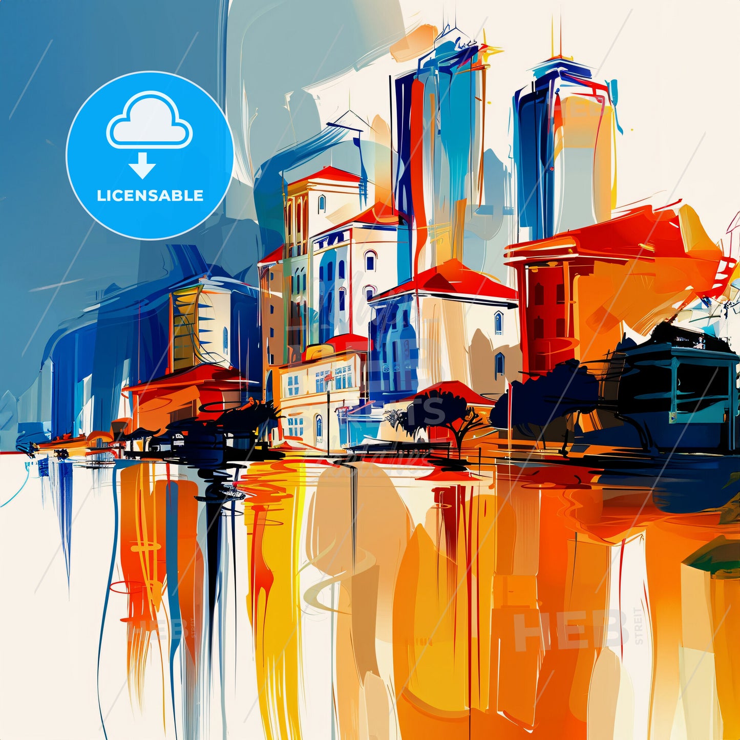 Vibrant Cairns, Australia - A Painting Of A City With Buildings And Water