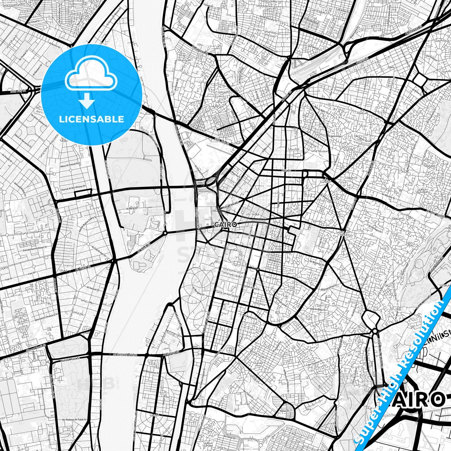 Cairo, Egypt Light Map with Street Names, City Names, and Districts