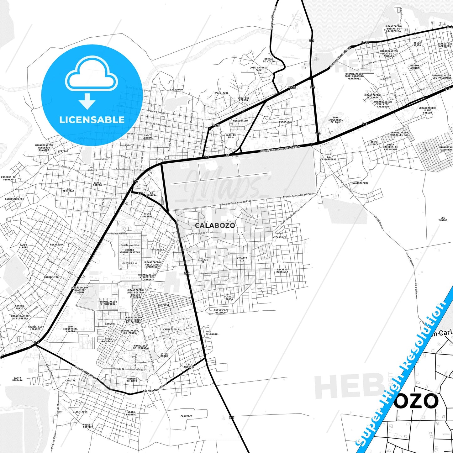 Calabozo, Venezuela Light Map with Street Names, City Names, and Districts