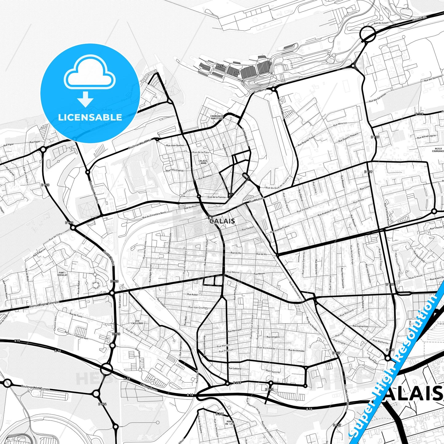 Calais, France Light Map with Street Names, City Names, and Districts