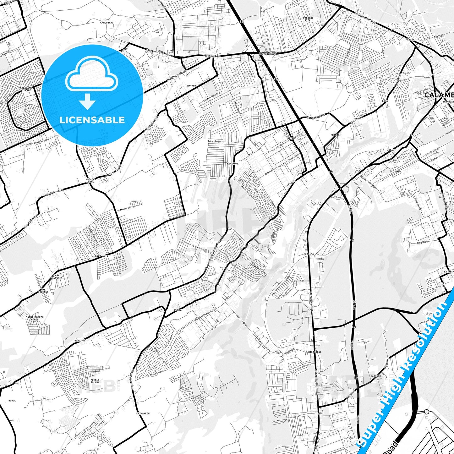 Calamba, Philippines Light Map with Street Names, City Names, and Districts