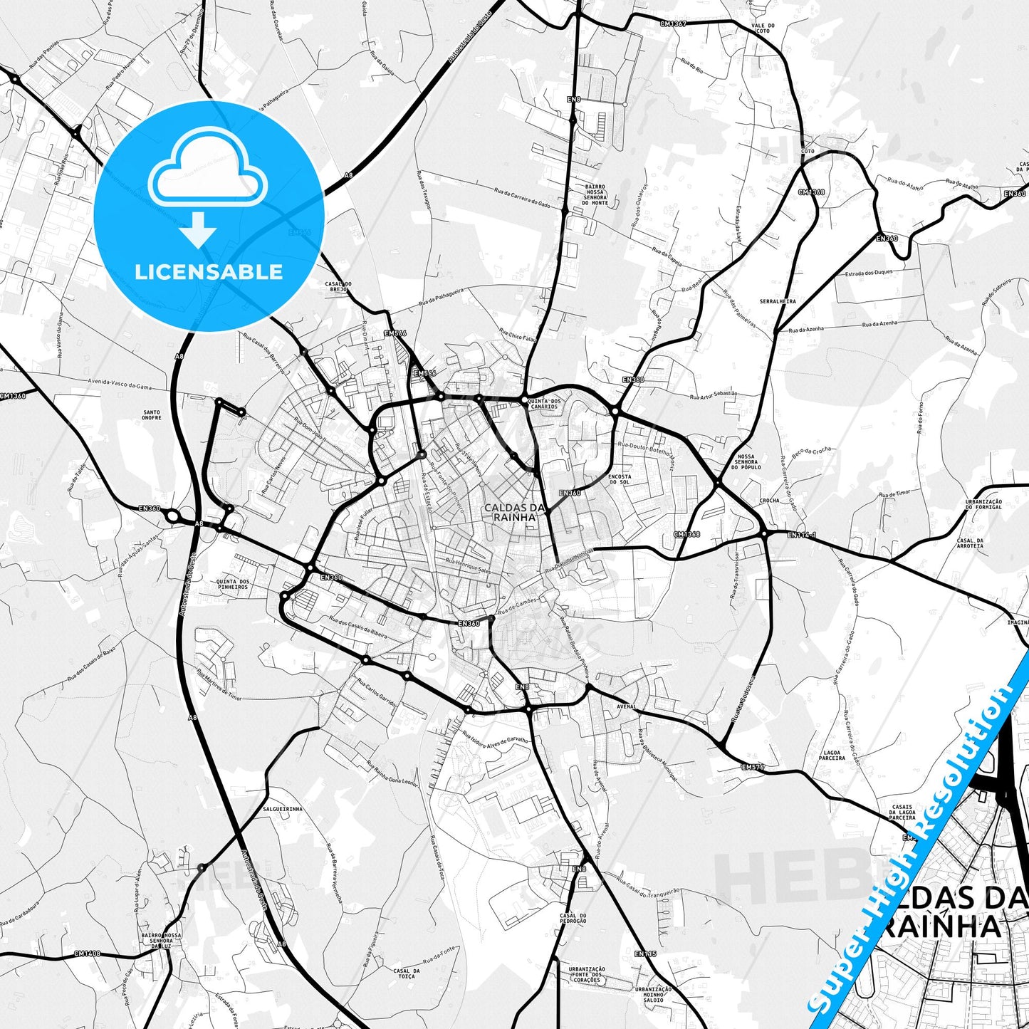 Caldas da Rainha, Portugal Light Map with Street Names, City Names, and Districts