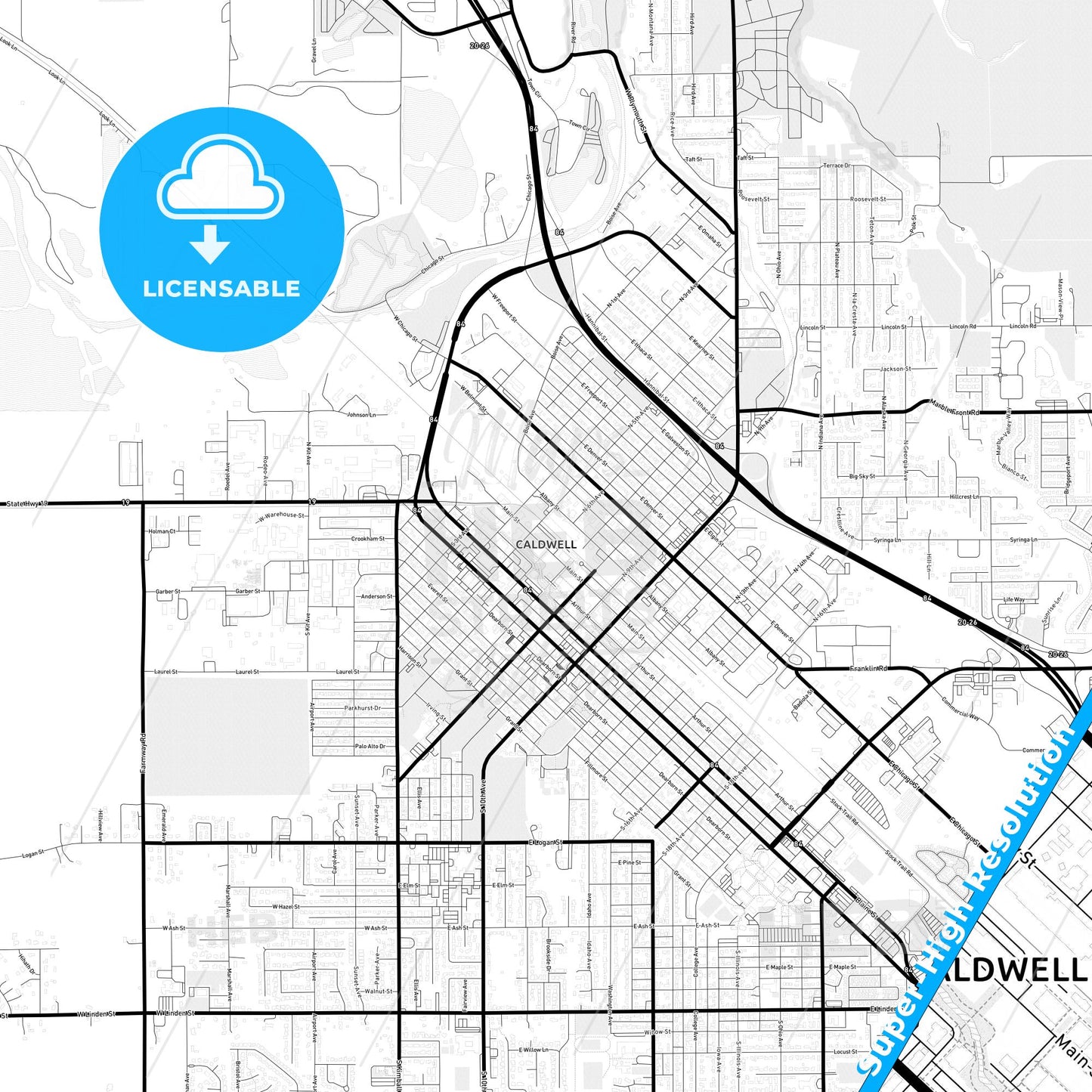 Caldwell, Idaho Light Map with Street Names, City Names, and Districts