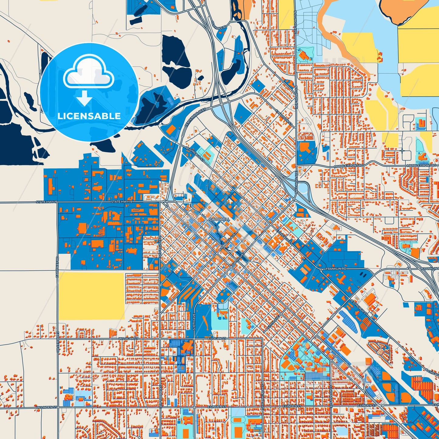 Colorful Caldwell Street Map with Labels and Buildings