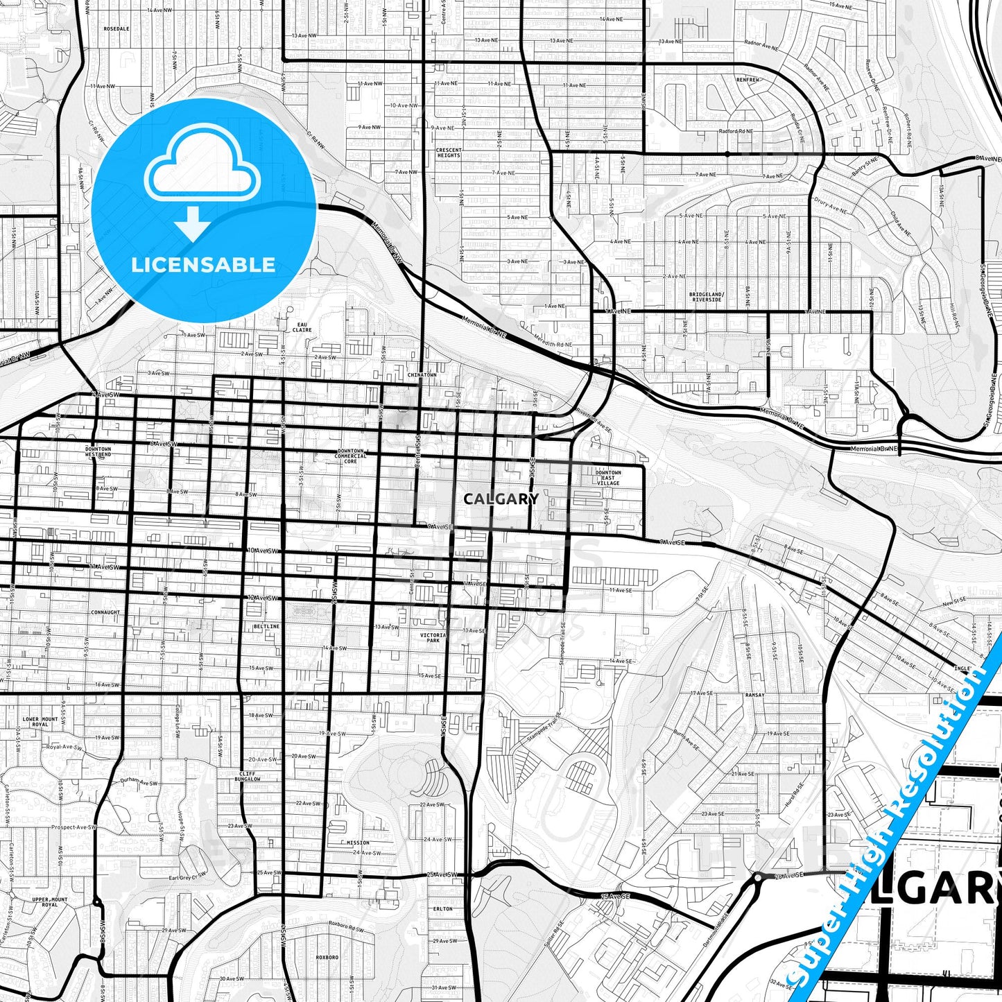 Calgary, Canada Light Map with Street Names, City Names, and Districts