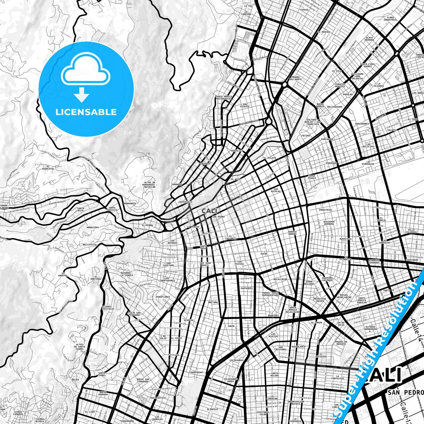 Cali, Colombia Light Map with Street Names, City Names, and Districts