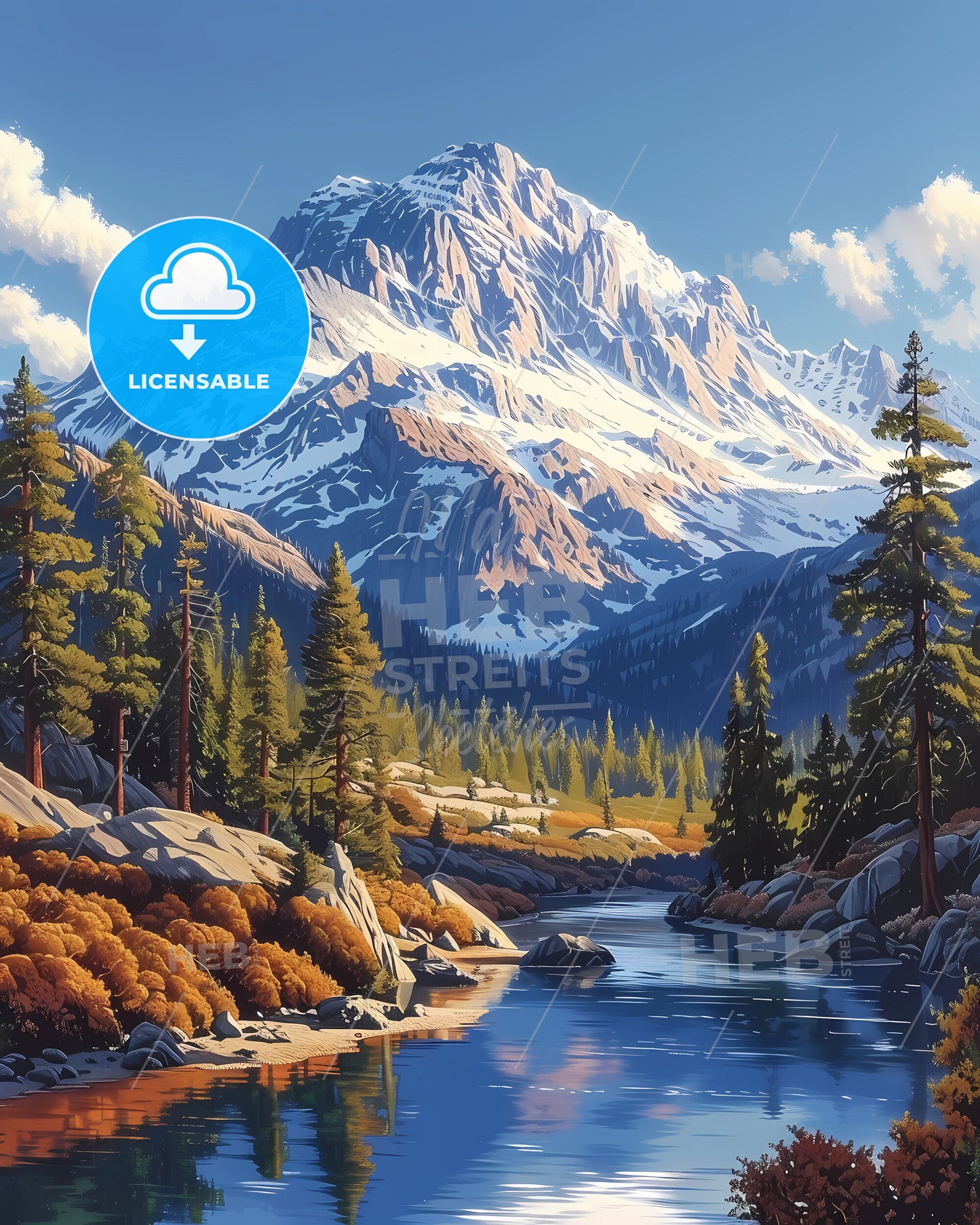 Vibrant Artistic Landscape Depicting a Mountain River in California, USA