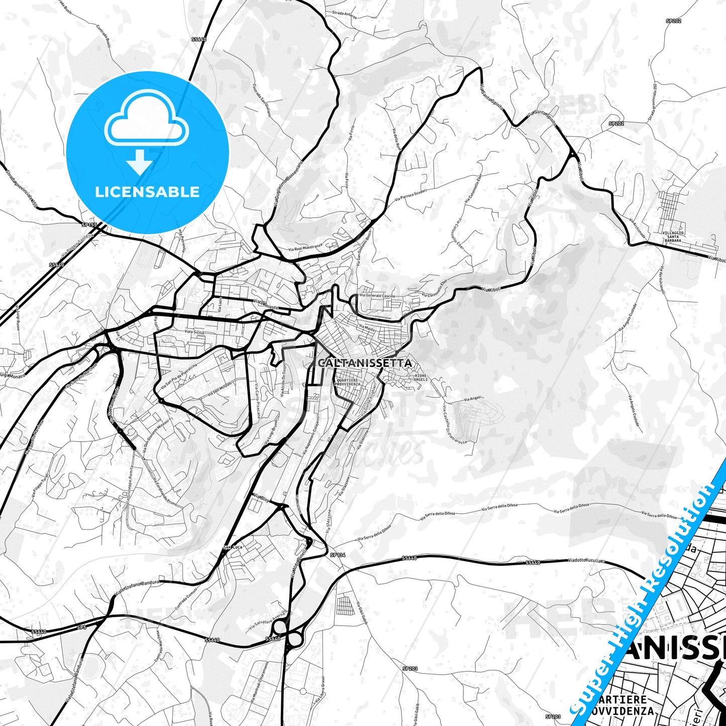 Caltanissetta, Italy Light Map with Street Names, City Names, and Districts