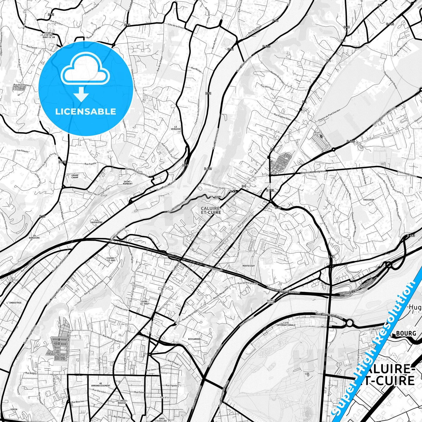 Caluire-et-Cuire, France Light Map with Street Names, City Names, and Districts