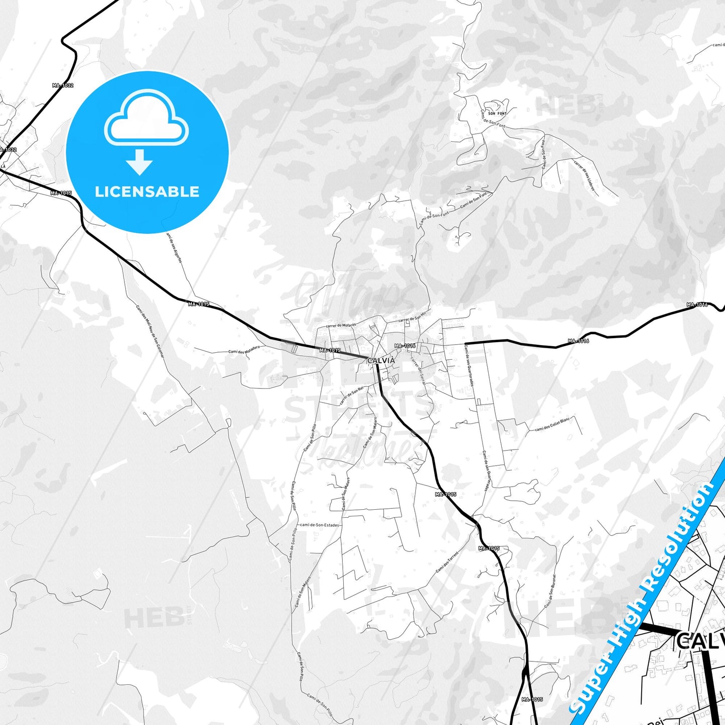Calvià, Spain Light Map with Street Names, City Names, and Districts