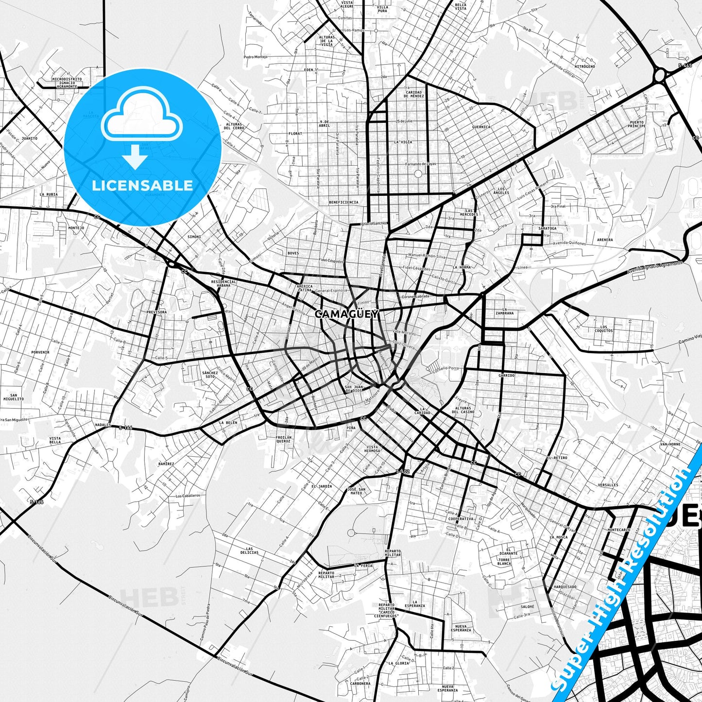 Camagüey, Cuba Light Map with Street Names, City Names, and Districts