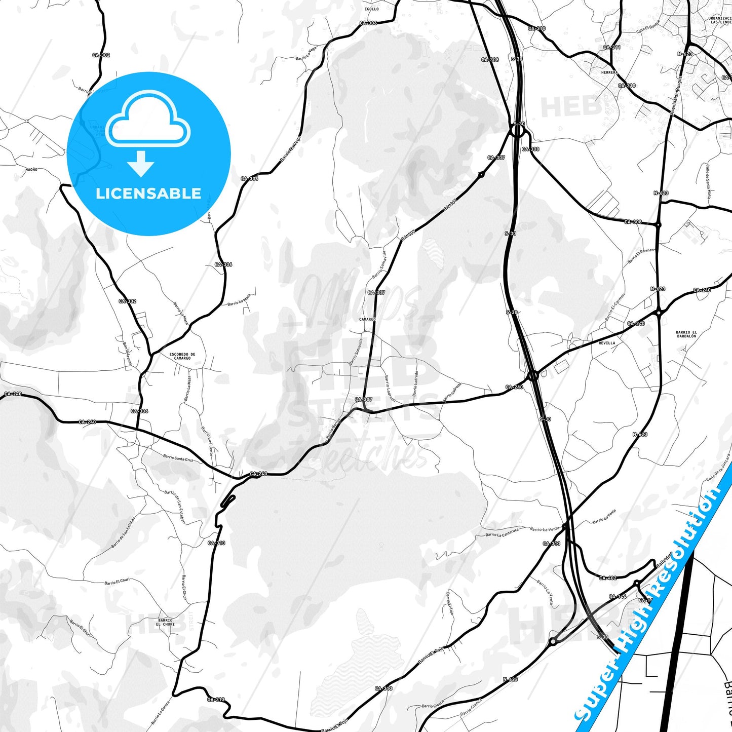 Camargo, Spain Light Map with Street Names, City Names, and Districts