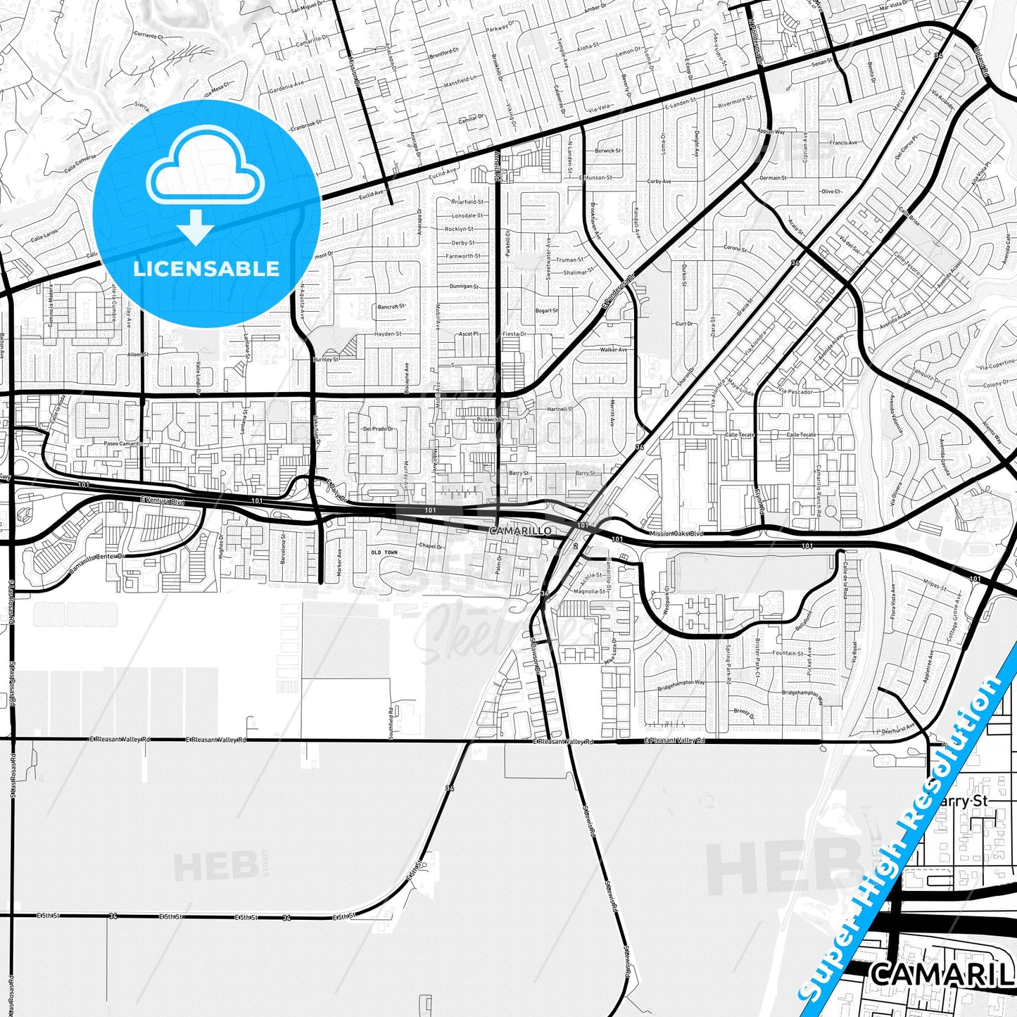 Camarillo, California Light Map with Street Names, City Names, and Districts