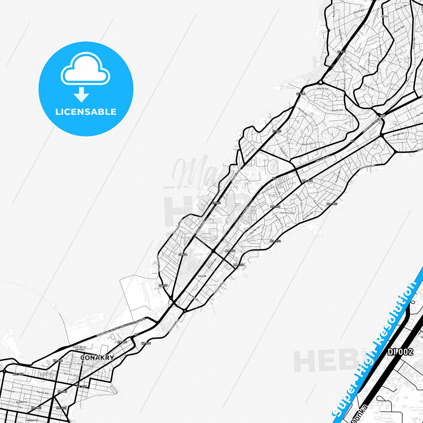 Camayenne, Guinea Light Map with Street Names, City Names, and Districts