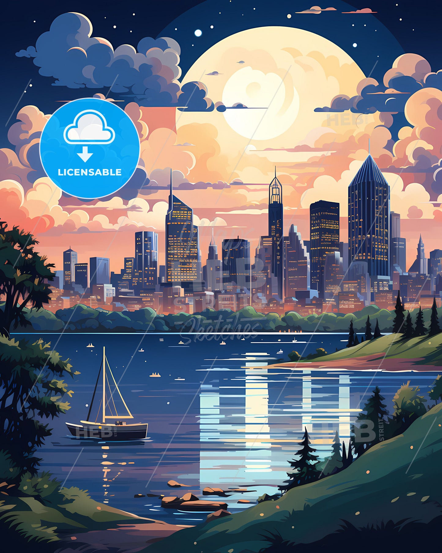 Colorful Oil Painting of Camayenne Skyline Guinea Featuring Boats and Artistic Expression