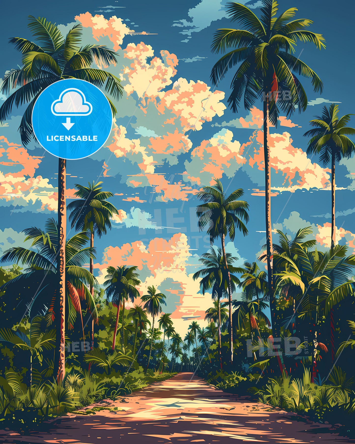 Vibrant Cambodian Roadside Painting Featuring Palm Trees and a Blue Sky in Southeast Asia Art