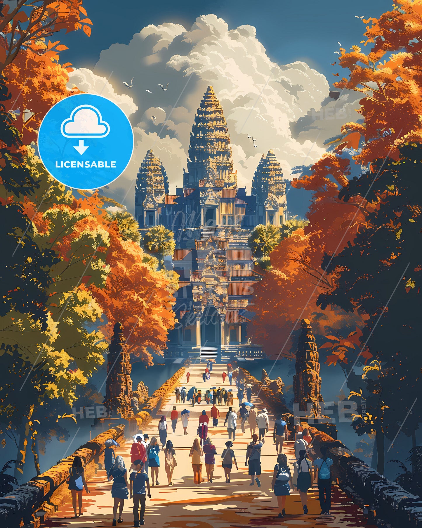 Colorful Cambodian Temple Walkway, Southeast Asia, Artistic Painting, Architecture, Culture