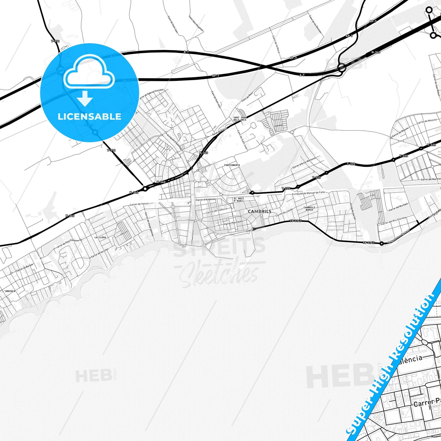 Cambrils, Spain Light Map with Street Names, City Names, and Districts