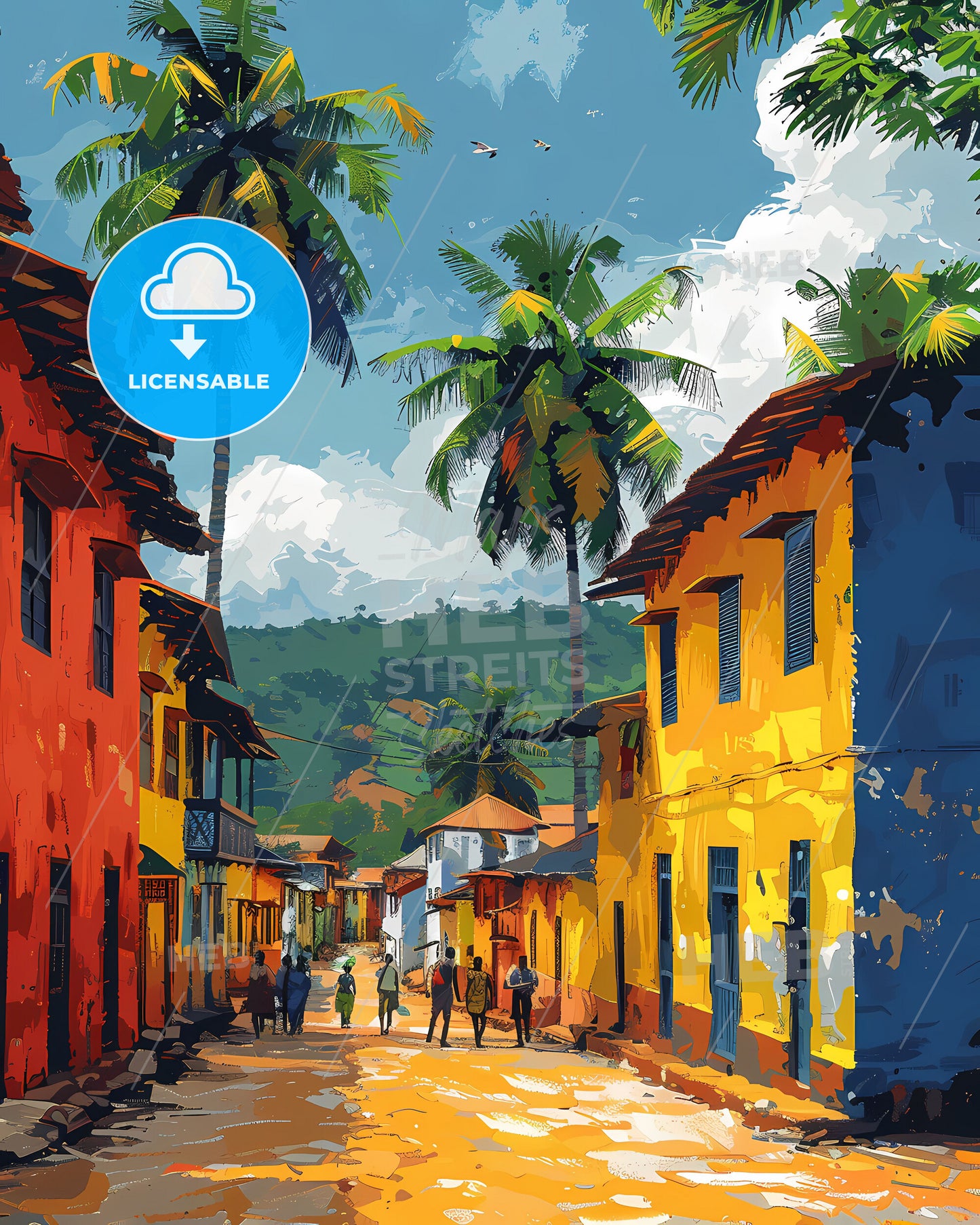 Vibrant Street Art of Colorful Buildings and Palm Trees in Cameroon, Africa