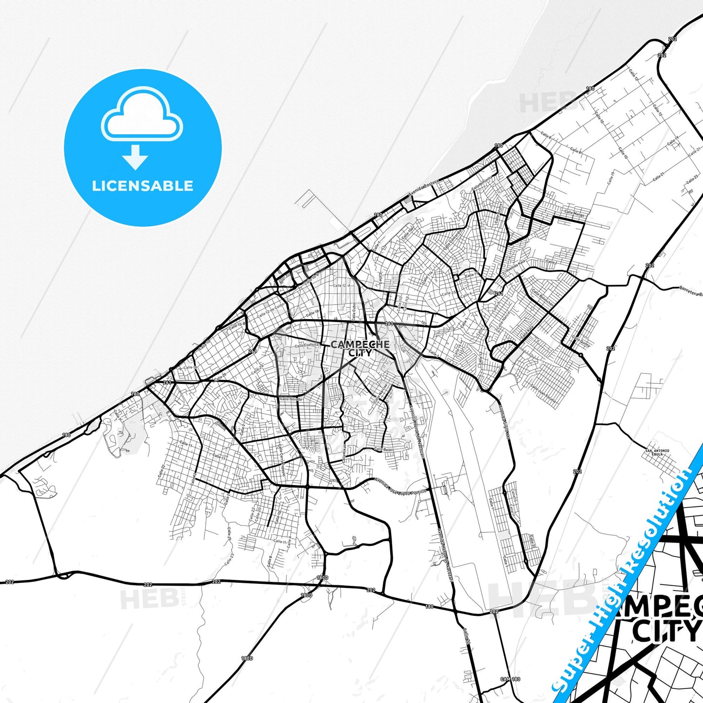 Campeche, Mexico Light Map with Street Names, City Names, and Districts