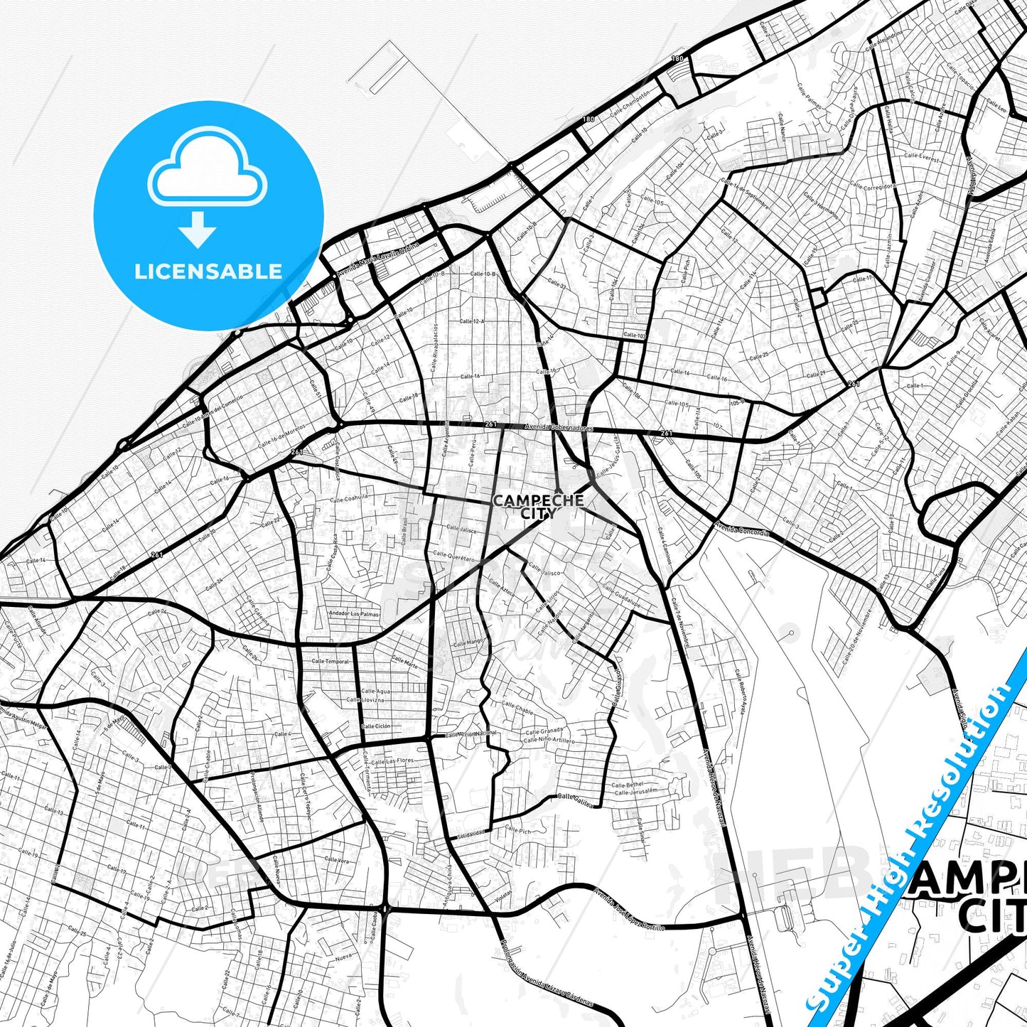 Campeche, Mexico Light Map with Street Names, City Names, and Districts
