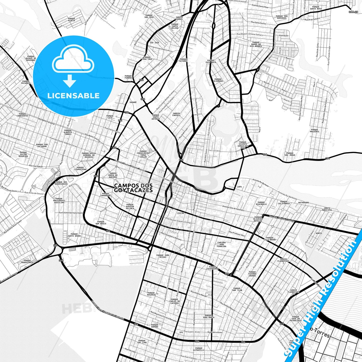 Campos dos Goytacazes, Brazil Light Map with Street Names, City Names, and Districts
