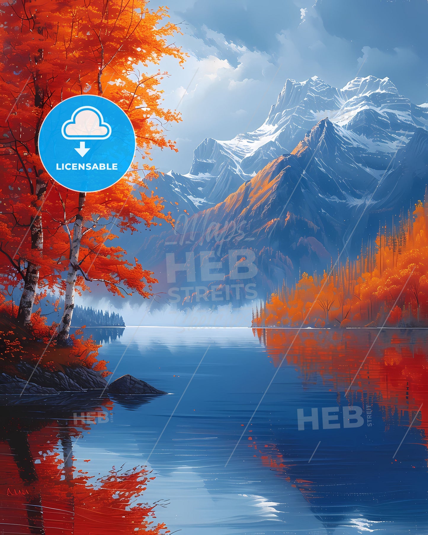 Vibrant Lake Painting Depicting Nature's Majesty in Canada, North America, Featuring Mountains and Orange Trees